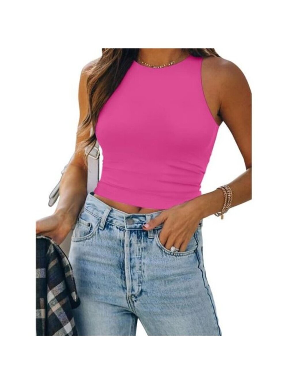 Womens Double Lined Crop Tank Tops Casual Basic Shirts Sleeveless Hot Pink